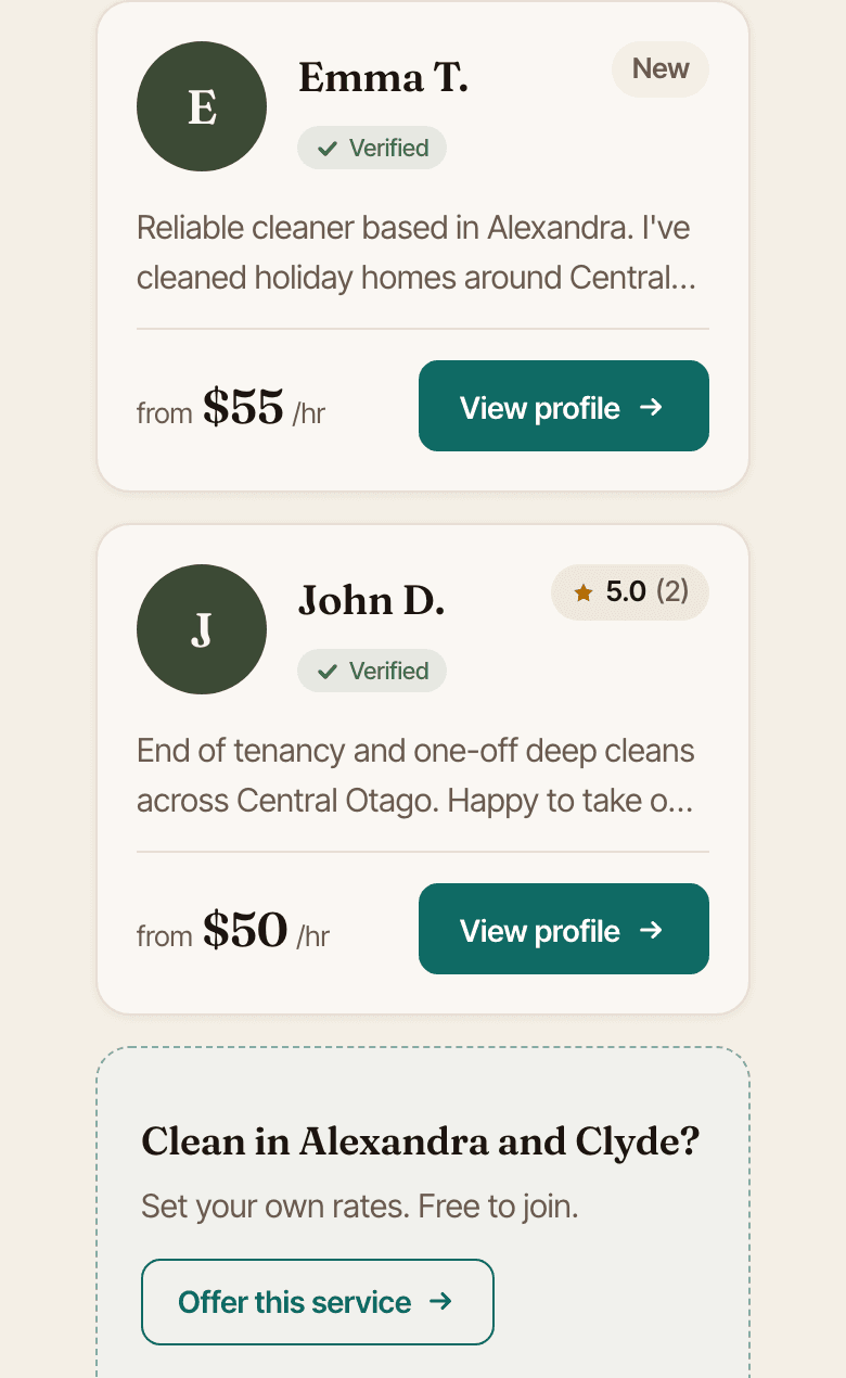 The cleaning listings: two provider cards with the Verified badge, a New badge on one and a 5.0 rating on the other, short bios, and hourly rates