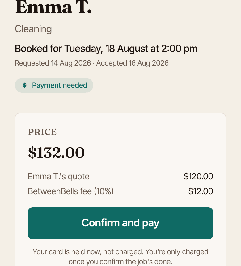 A booking with the provider's fixed price back: the quote, the fee breakdown, and the Confirm and pay button
