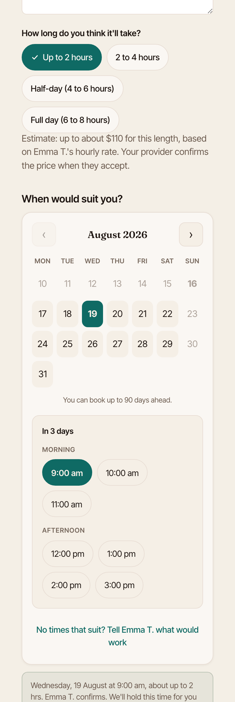 The booking request page: how long the job might take, and a calendar of the provider's free times with a day selected