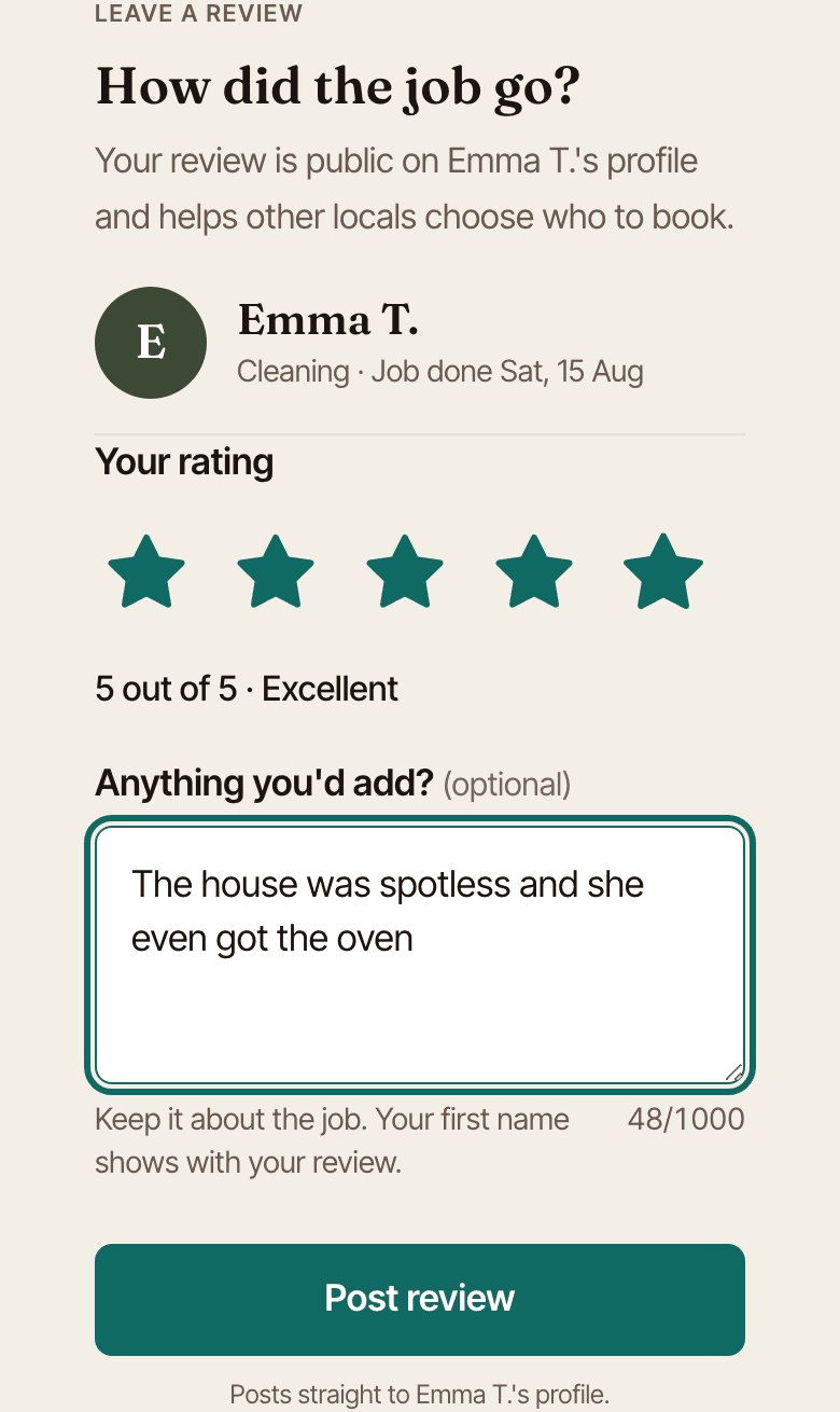 The review form after a completed job: five stars selected and a review part-written
