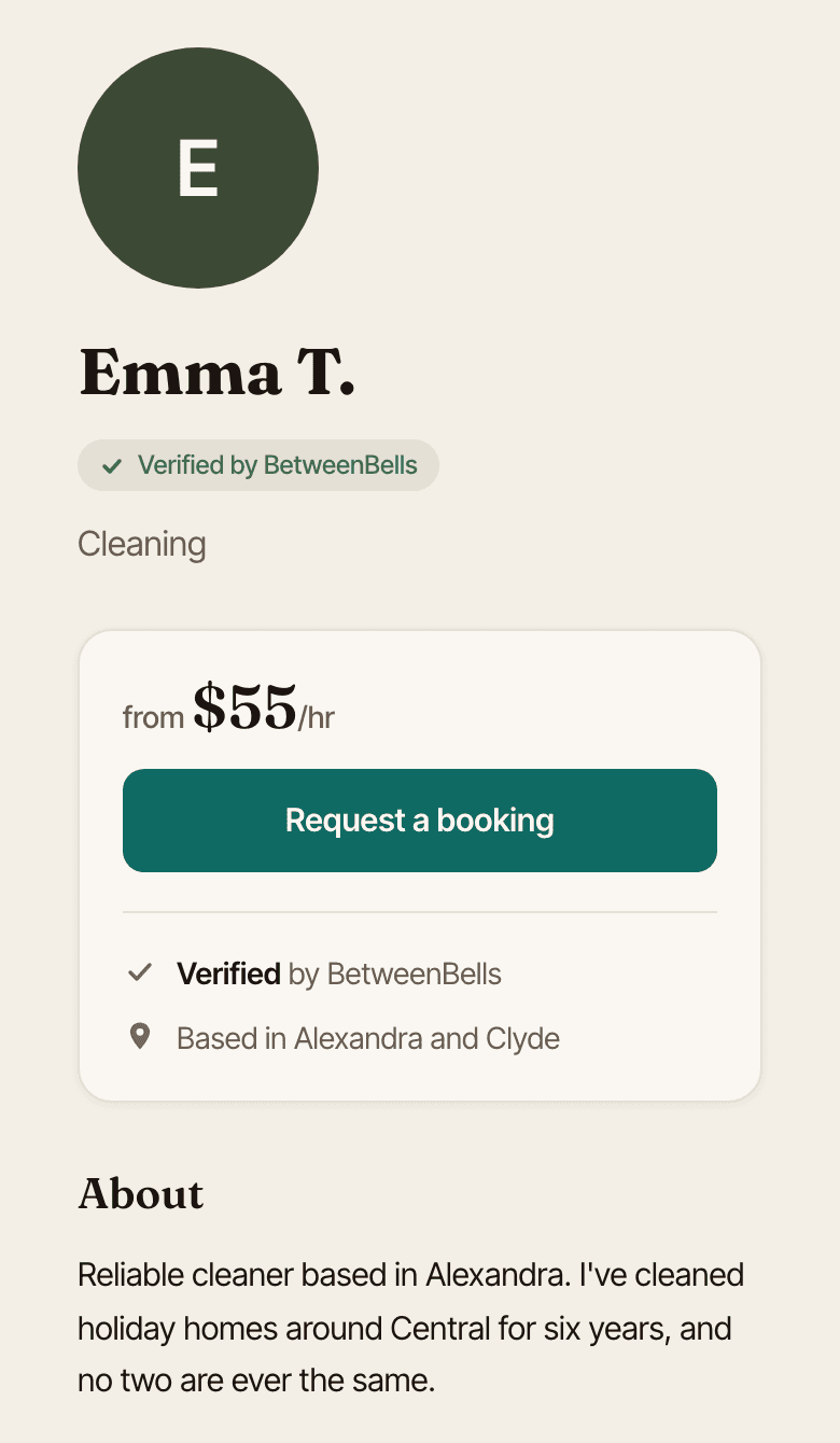 A provider's public page: name with the Verified badge, hourly rate, a short bio, and the request-a-booking card