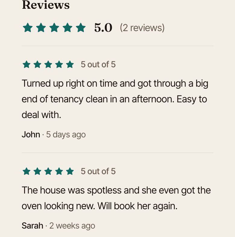 The reviews section of a provider's public page: a 5.0 average from two reviews, each with stars, the review text, and the reviewer's first name